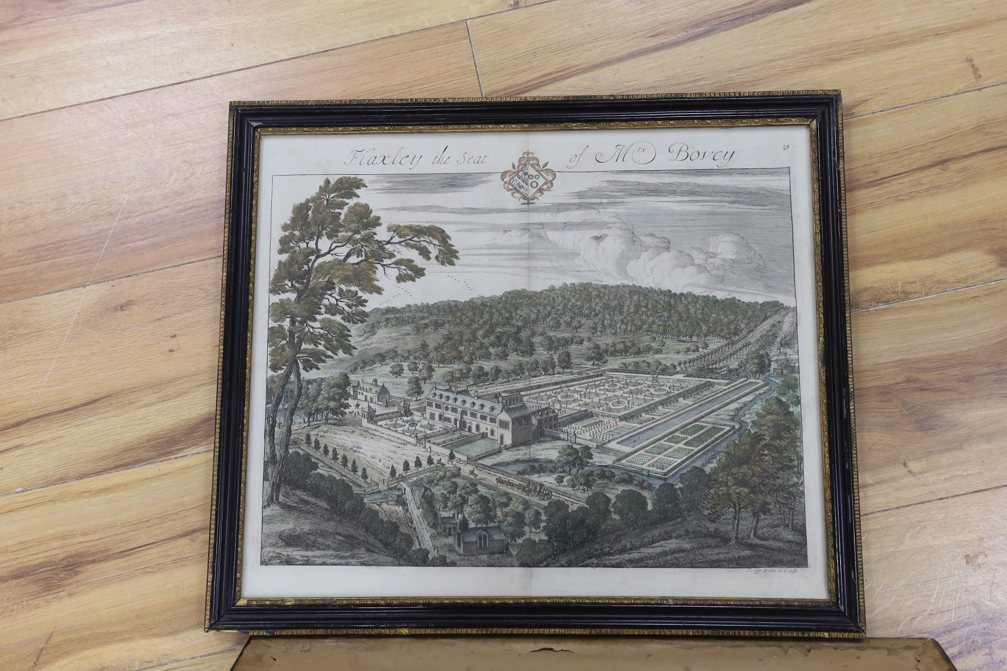 After Johannes Kip (Dutch, 1653-1722), two colour engravings comprising West Prospect of Gloucester and Flaxley, The seat of Mrs Bovey, 38 x 47cm